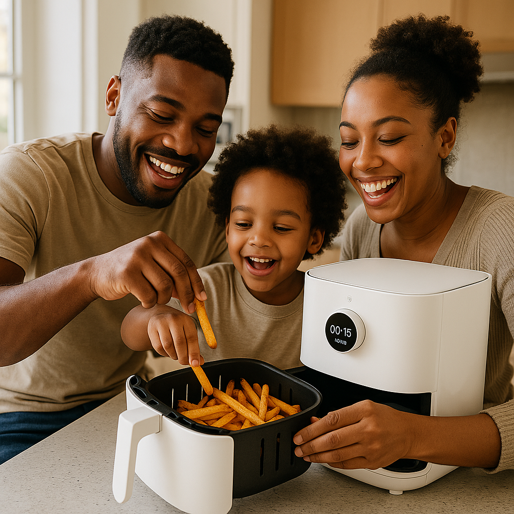 imagem de uma familia feliz usando a Fritadeira Sem Óleo Air Fryer Inteligente Mi 3.5L